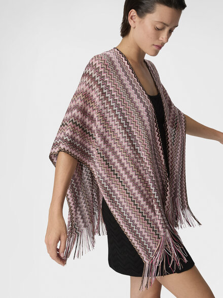 Zigzag viscose-blend poncho with fringes, Multicoloured  - LS26SC0HBV00J1SM67U
