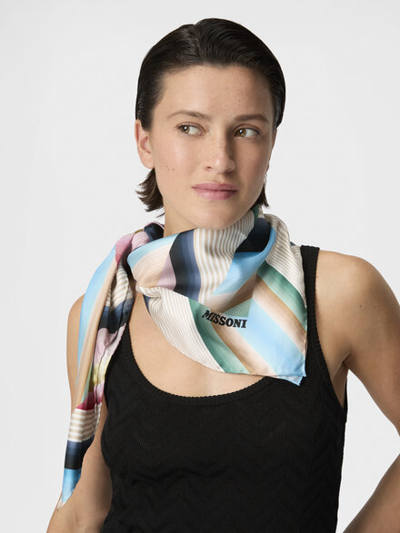 Pure silk foulard with print and logo lettering, Multicoloured  - LS26SS0KBV00J1SM67U