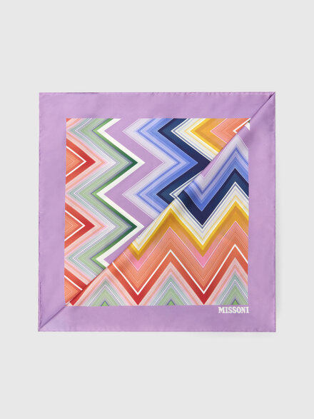 Silk foulard with macro zigzag print and logo, Multicoloured  - LS26SS0OBV00J1SM67S