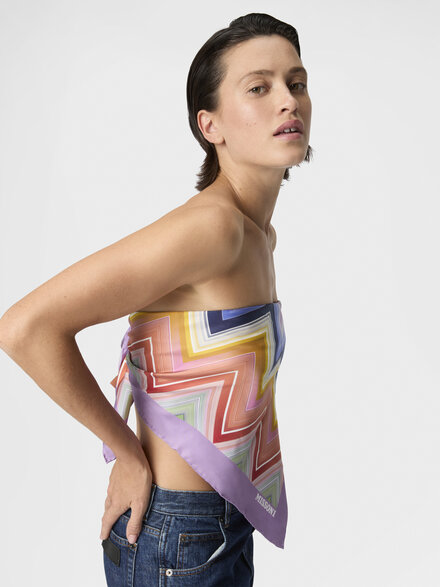Silk foulard with macro zigzag print and logo, Multicoloured  - LS26SS0OBV00J1SM67S