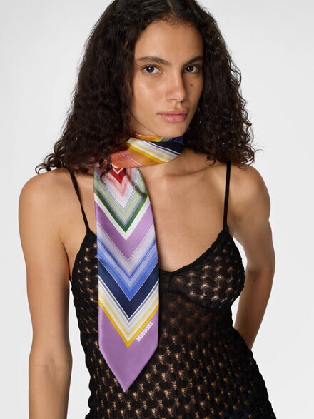 Silk neck scarf with macro zigzag print, Multicoloured  - LS26SS10BV00J1SM67S