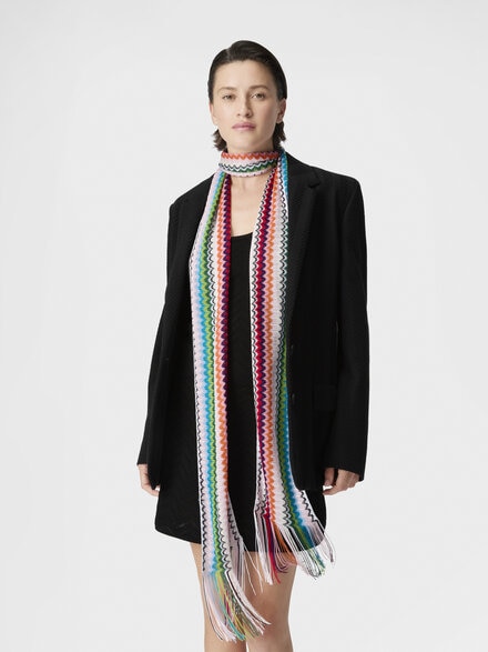 Viscose scarf with fringes and zigzag motif, Multicoloured  - LS26SS1IBV00J1SM67R