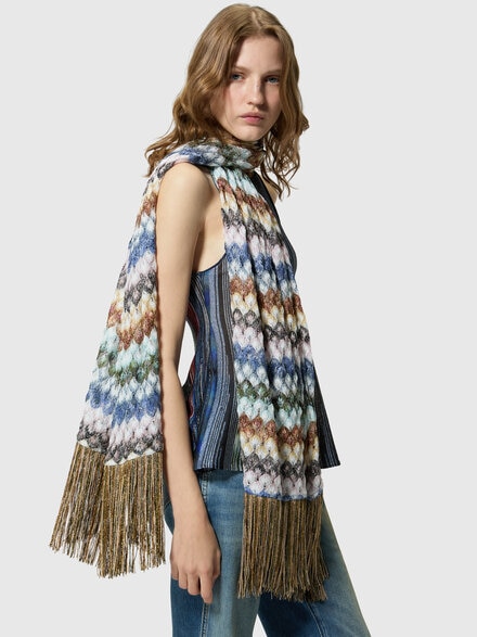 Estola en viscosa lam&eacute; con flecos y motivo encaje, Multicolor  - LS26WS63BV00JMSM67U