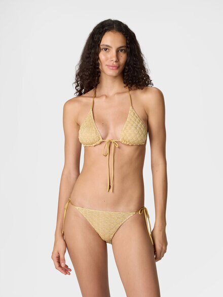 Triangle bikini in lamé viscose with raschel workmanship, Gold - MC22SP00BR014RS10BY