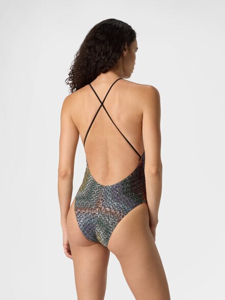 One-piece V-neck swimsuit in a Greek-style zigzag knit with sequins, Multicoloured  - MC22SP03BC005YS72P0