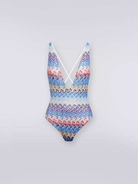 Multicoloured viscose knit one-piece swimming costume with V neckline, Multicoloured - MC22SP03BR00NBS72AL