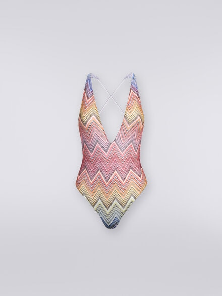 One-piece swimming costume in zigzag print fabric, Multicoloured  - MC22SP03BR00THS4157