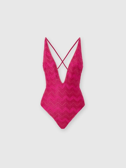 Costume intero in viscosa zig zag lamé con scollo a V, Viola  - MC22SP03BR00ZXS5074