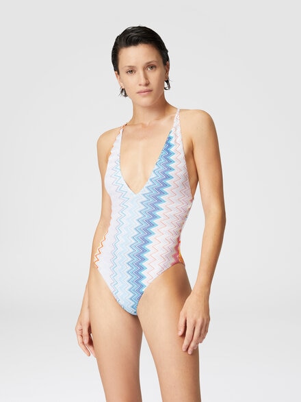 V-neck viscose blend zigzag lamé one-piece swimsuit, Multicoloured  - MC22SP03BR00ZYSM9MW