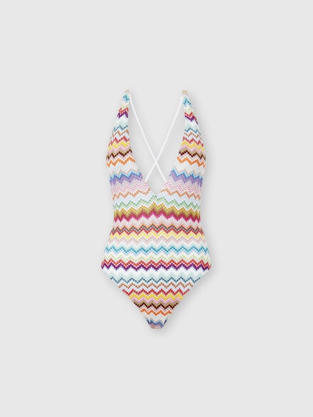 One-piece swimsuit in lamé viscose with pixel-effect zigzag pattern and V-neckline, Multicoloured  - MC22SP03BR014FSM9WV