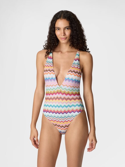 One-piece swimsuit in lamé viscose with pixel-effect zigzag pattern and V-neckline, Multicoloured  - MC22SP03BR014FSM9WV