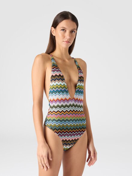 One-piece swimsuit in lamé viscose with pixel-effect zigzag pattern and V-neckline, Black & Multicoloured - MC22SP03BR014FSM9YJ