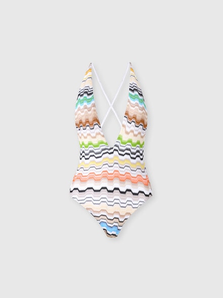 One-piece swimsuit in pure viscose with v-neckline, Multicoloured  - MC22SP03BR015ESMSNP