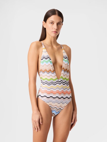One-piece swimsuit in pure viscose with v-neckline, Multicoloured  - MC22SP03BR015ESMSNP