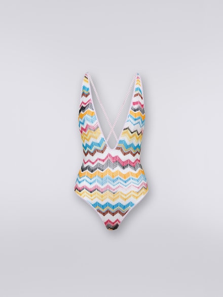 Crochet-effect viscose one-piece swimming costume with plunging neckline, Multicoloured - MC22SP03BT004RSM8NC