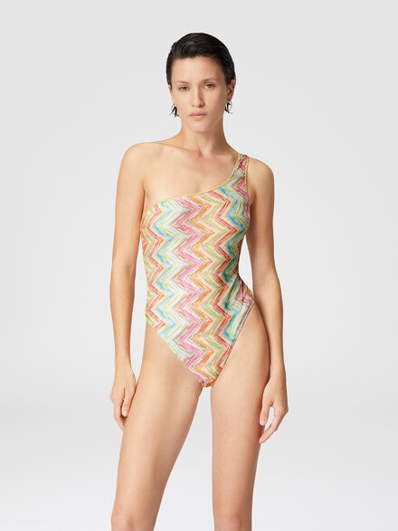 One-shoulder one-piece swimsuit in printed tulle, Multicoloured  - MC22SP04BR010XSM9N5