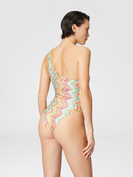 One-shoulder one-piece swimsuit in printed tulle, Multicoloured  - MC22SP04BR010XSM9N5