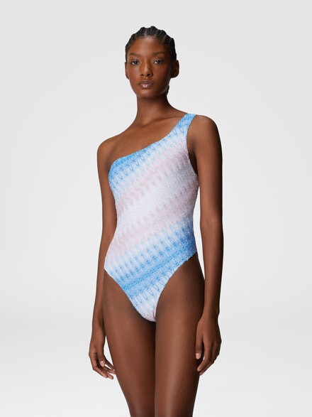 One-shoulder swimsuit in viscose and lamé, Blue & Pink   - MC22SP04BR0131S72L3