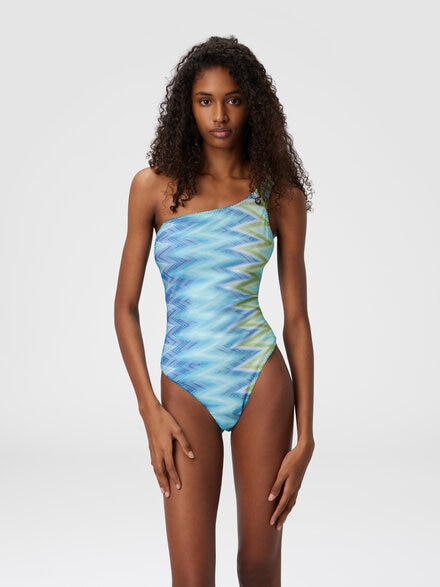 One-shoulder swimsuit with faded stripes, Blue & Green - MC22SP04BR013XS72NO