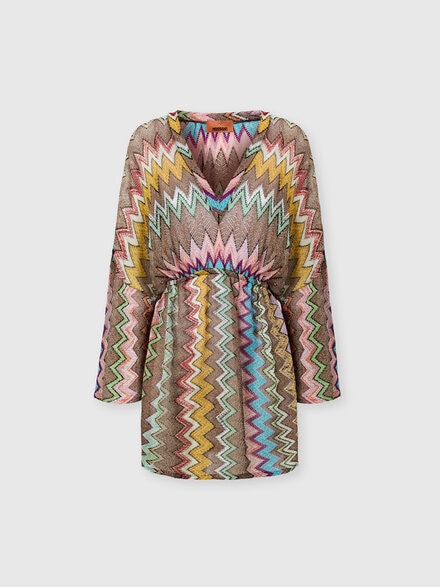Short beach cover-up in lam&eacute; viscose with macro zigzag pattern, Black & Multicoloured - MC22SQ03BR014KSM9YK