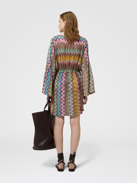 Short beach cover-up in lam&eacute; viscose with macro zigzag pattern, Black & Multicoloured - MC22SQ03BR014KSM9YK