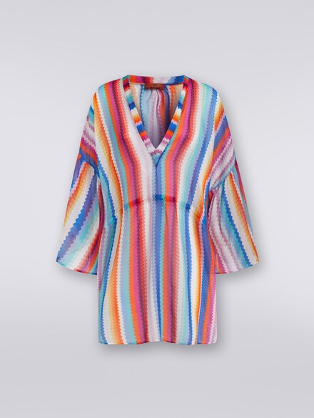 Kurzer Kaftan zum Überziehen am Strand aus Baumwolle und Seide mit Zickzackmuster, Mehrfarbig  - MC22SQ03BW00PNSM99F