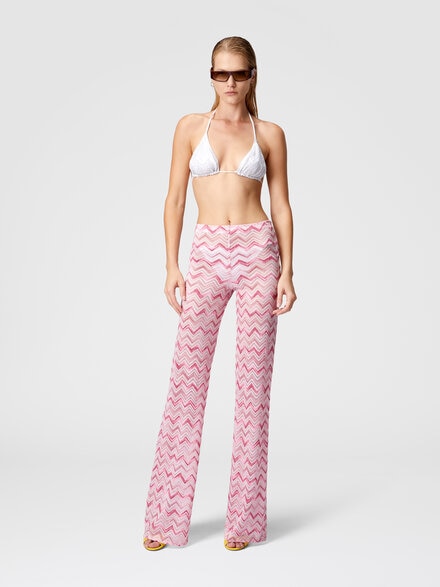 Pantalón acampanado en mezcla flameada de viscosa en zigzag, Blanco &  Rosa - MC23SI01BJ00NBS30EV