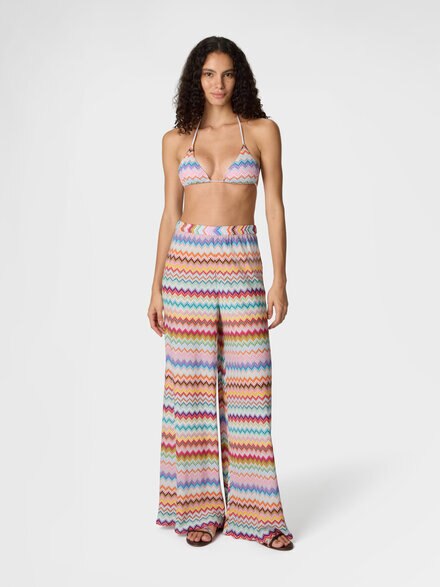 Beach cover-up pants in lamé viscose with pixel-effect zigzag pattern, Multicoloured  - MC23SI02BR014FSM9WV