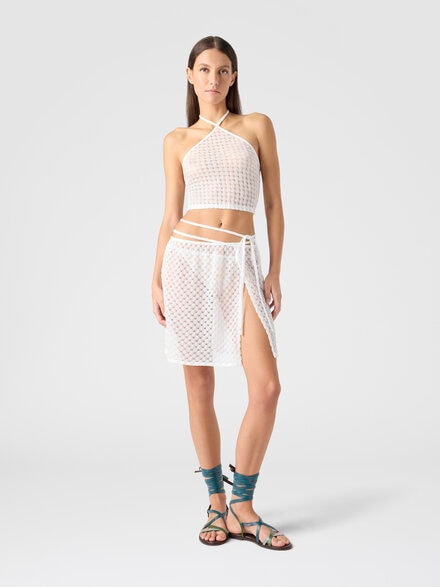 Top en viscose lamé avec travail raschel et encolure américaine, Blanc  - MC23SK01BR014RS01JW