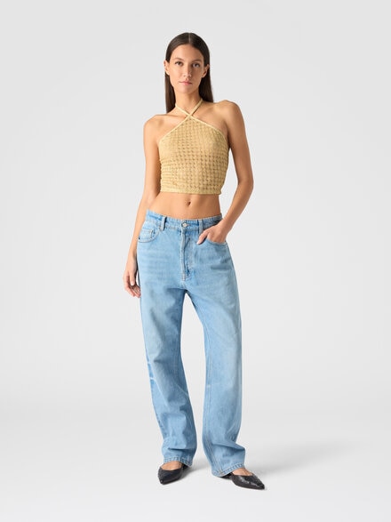 Top en viscose lamé avec travail raschel et encolure américaine, Or - MC23SK01BR014RS10BY