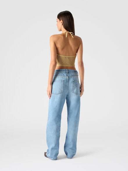 Top en viscose lamé avec travail raschel et encolure américaine, Or - MC23SK01BR014RS10BY