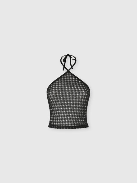 Top en viscose lamé avec travail raschel et encolure américaine, Noir - MC23SK01BR014RS91RE