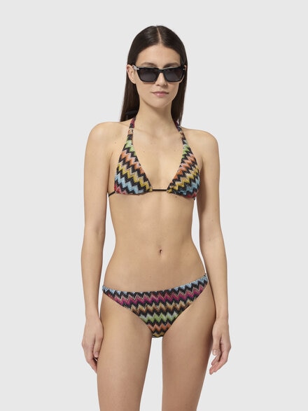 Bikini de viscosa lam&eacute; con motivo de micro zigzag, Negro & Multicolor - MC23SP00BR014JSM9YL