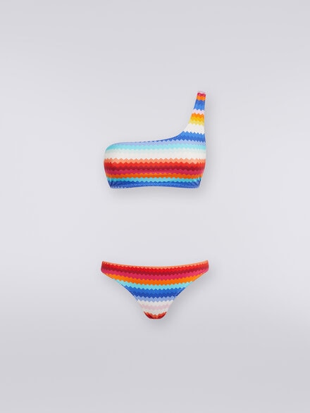 One-shoulder bikini in zigzag print stretch nylon, Multicoloured  - MC23SP02BJ00J7SM99F