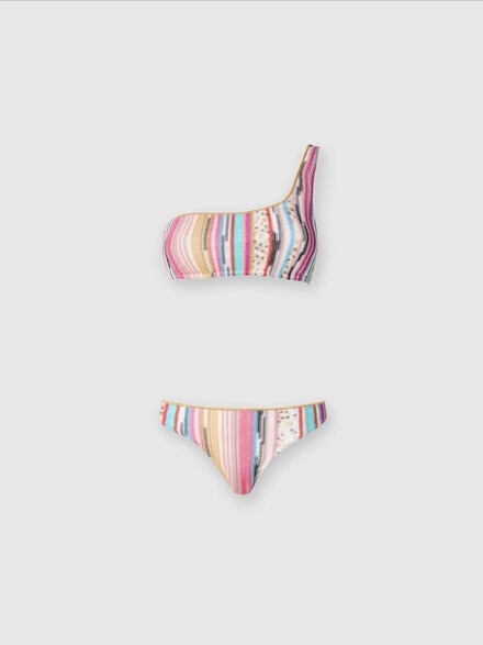 One-shoulder bikini in lamé slub viscose, Multicoloured  - MC23SP02BR00ZZSM9L1