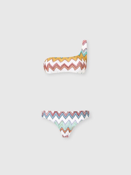 Bikini asym&eacute;trique en viscose lam&eacute; &agrave; grand motif zigzag, Blanc & Multicolore - MC23SP02BR014KSM9X5