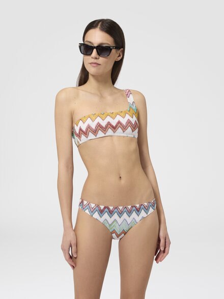 Bikini asym&eacute;trique en viscose lam&eacute; &agrave; grand motif zigzag, Blanc & Multicolore - MC23SP02BR014KSM9X5