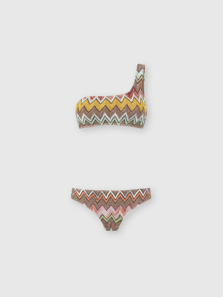 One-shoulder bikini in lam&eacute; viscose with macro zigzag pattern, Black & Multicoloured - MC23SP02BR014KSM9YK