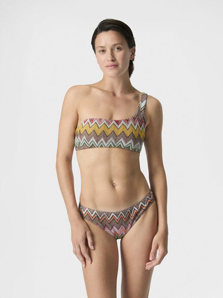 One-shoulder bikini in lam&eacute; viscose with macro zigzag pattern, Black & Multicoloured - MC23SP02BR014KSM9YK