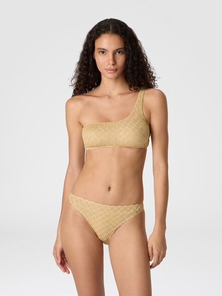 One-shoulder bikini in lamé viscose with raschel workmanship, Gold - MC23SP02BR014RS10BY