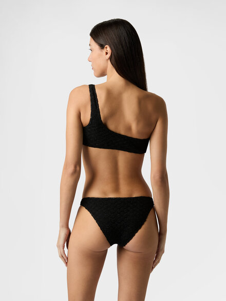 Bikini asym&eacute;trique en viscose lam&eacute; avec travail raschel, Noir - MC23SP02BR014RS91RE