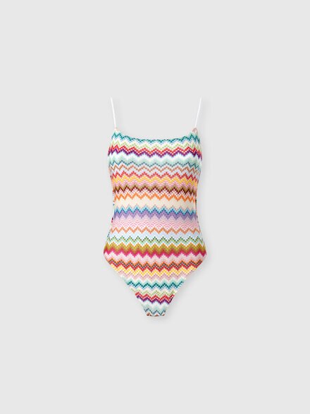 One-piece swimsuit in lamé viscose with pixel-effect zigzag pattern, Multicoloured  - MC23SP03BR014FSM9WV