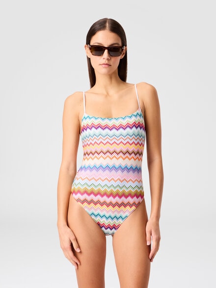 One-piece swimsuit in lamé viscose with pixel-effect zigzag pattern, Multicoloured  - MC23SP03BR014FSM9WV