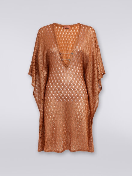 Short lace-effect cover up kaftan, Brown Lamé - MC23SQ03BR00TC71052