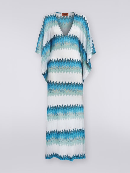 Long viscose kaftan cover up with zigzag and lamé, White, Blue & Sky Blue - MC23SQ05BR00JJS728C