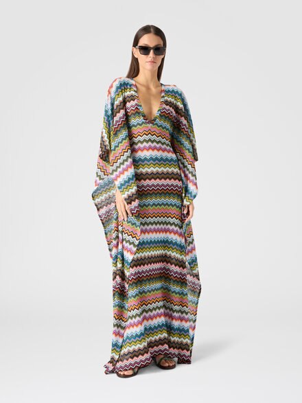 Long caftan cover-up with micro pixel-effect zigzag pattern, Black & Multicoloured - MC23SQ05BR014FSM9YJ
