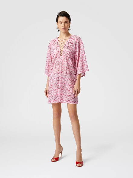 Short viscose-blend tulle kaftan with slub zigzag, White &  Pink  - MC23SQ08BJ00NBS30EV