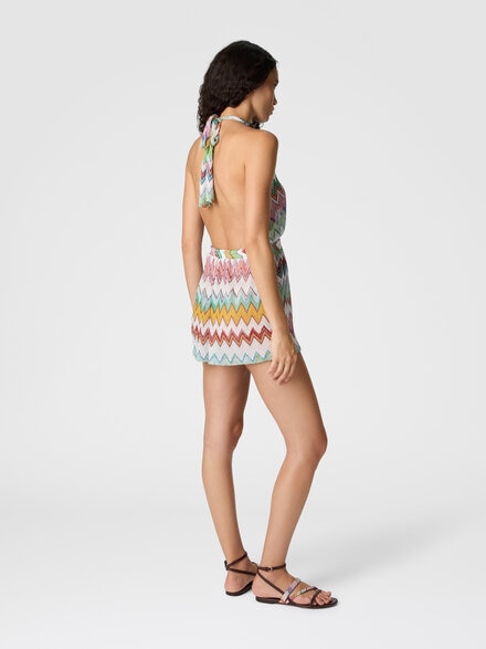 Kurzer Overall aus Lam&eacute;-Viskose mit gro&szlig;em Zickzack-Muster, Wei&szlig; & Mehrfarbig - MC24SG00BR014KSM9X5