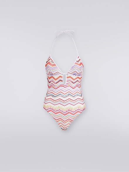 One-shoulder one-piece swimming costume in chevron viscose PINK