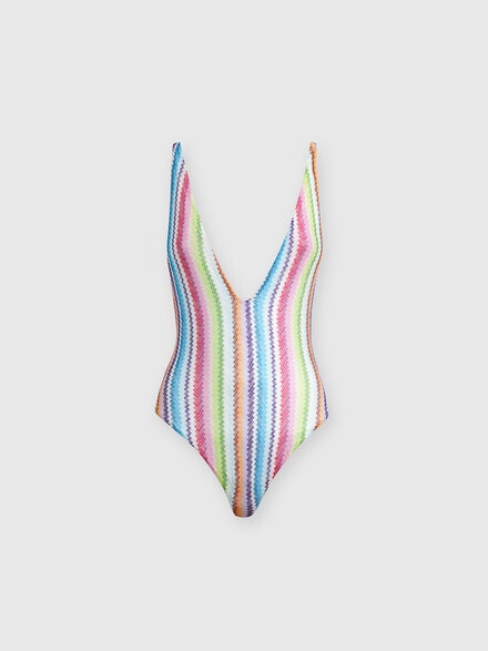 Zigzag print one-piece swimsuit with V-neckline, Multicoloured  - MC24WP01BR00Z4SM9HA